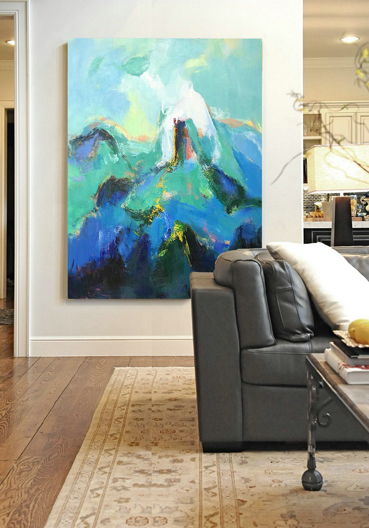 Original Artwork Extra Large Abstract Painting,Vertical Palette Knife Contemporary Art,Large Living Room Decor Green,Blue,Black
